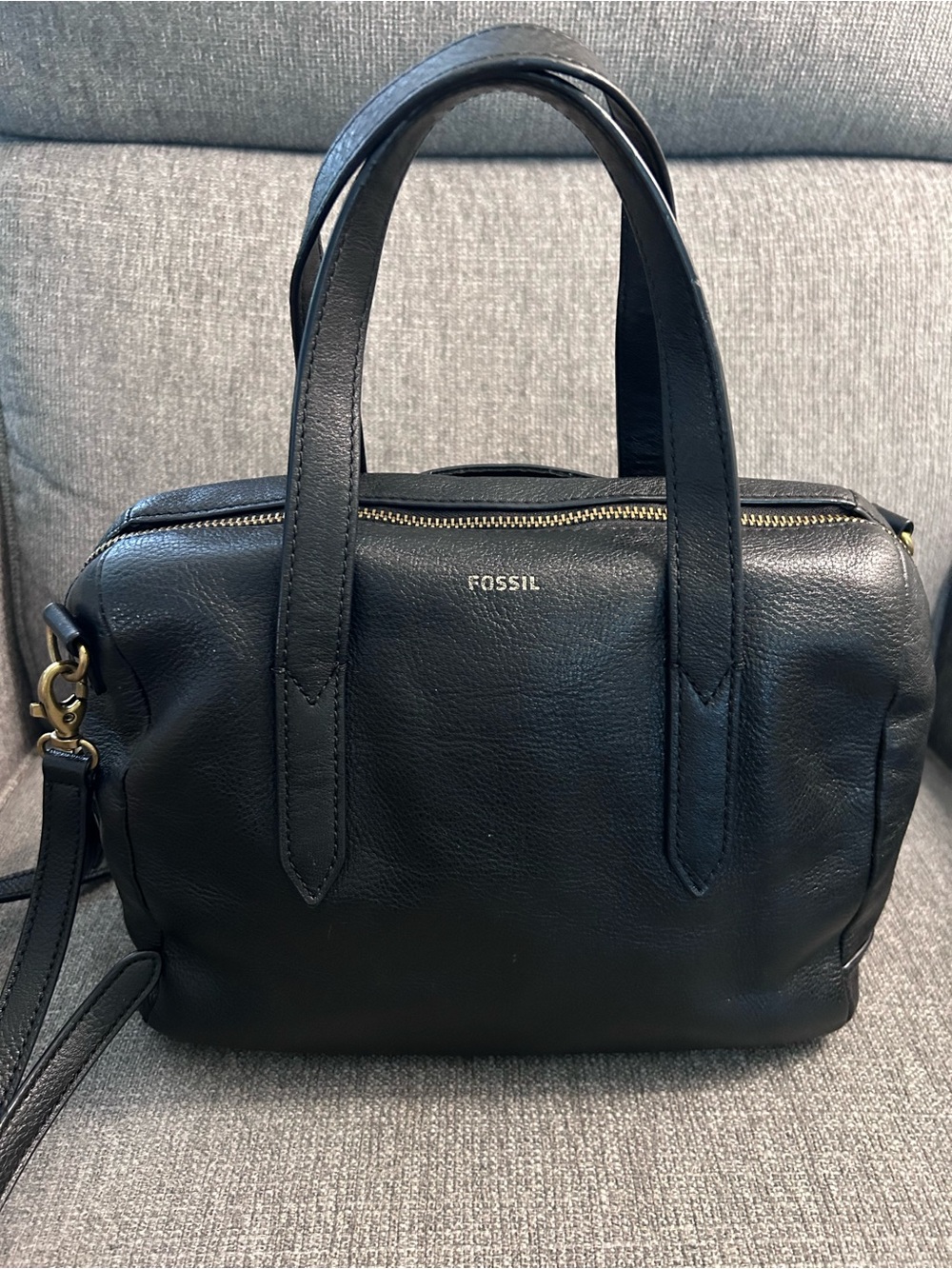 Fossil Sydney Black Leather Satchel Bag with Crossbody Strap & gold hardware